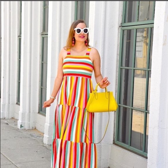 J. Crew Size Small Bright Rainbow Stripe Maxi Dress Womens Tiered 100% Cotton - Picture 15 of 15